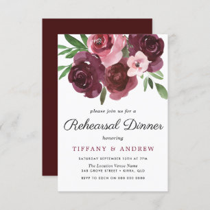 Burgundy Floral Watercolor Rehearsal Dinner Invite