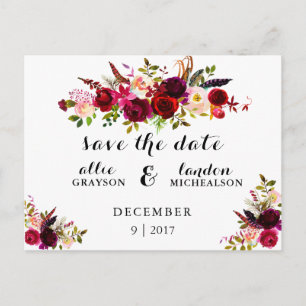 Burgundy Floral Watercolor Save the Date Announcement Postcard