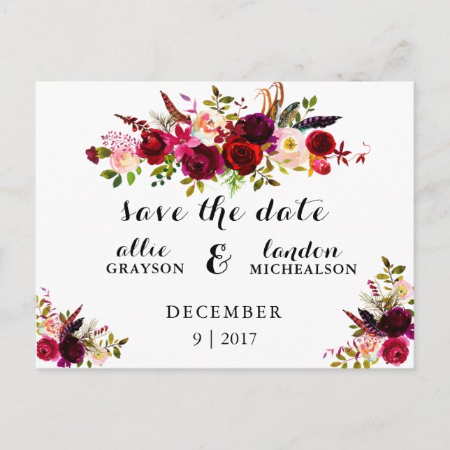 Burgundy Floral Watercolor Save the Date Announcement Postcard (Front)