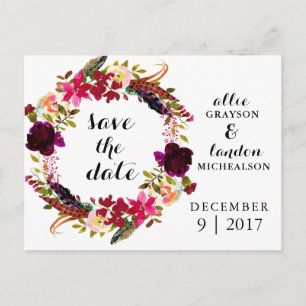Burgundy Floral Watercolor Save the Date Announcement Postcard