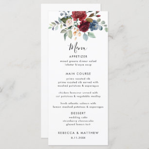 Burgundy Floral Watercolor Script Wedding Dinner Menu