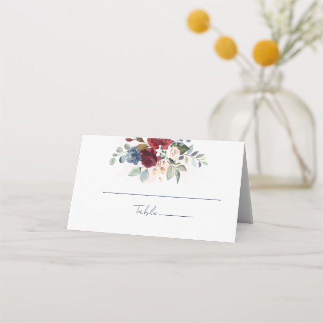 Burgundy Floral Watercolor Wedding Reception Place Card (Front)