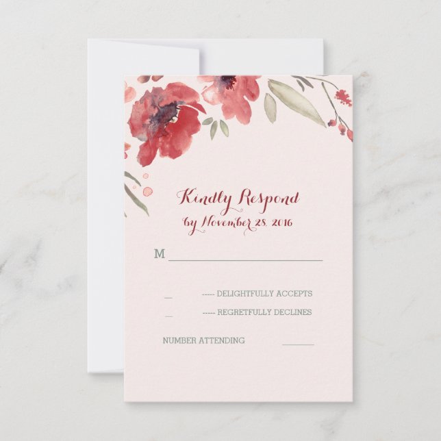 Burgundy Floral Watercolor Wedding Rsvp Cards (Front)