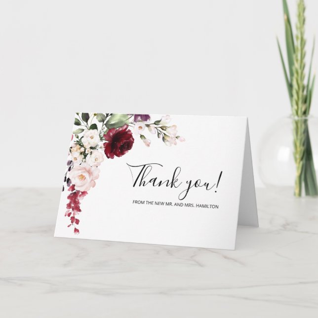 Burgundy Floral Watercolor Wedding Thank You Card (Front)