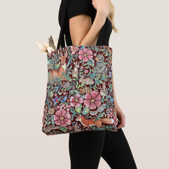 Burgundy Floral Watercolor Woodland Animal Fall Tote Bag (Close Up)