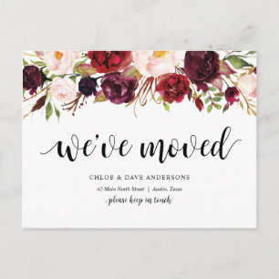 Burgundy floral, We have moved Announcement Postcard