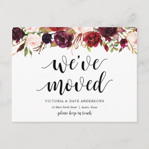 Burgundy floral, We have moved Announcement Postcard