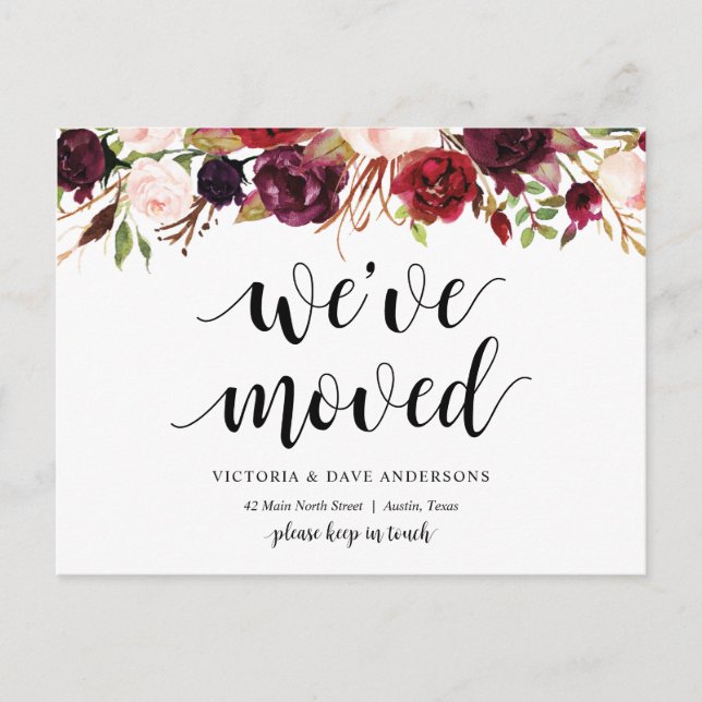 Burgundy floral, We have moved Announcement Postcard (Front)