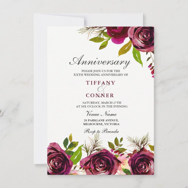 Burgundy Floral Wedding Anniversary invitation (Front)