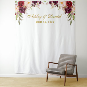 Burgundy Floral Wedding Backdrop Photo Booth Prop Tapestry