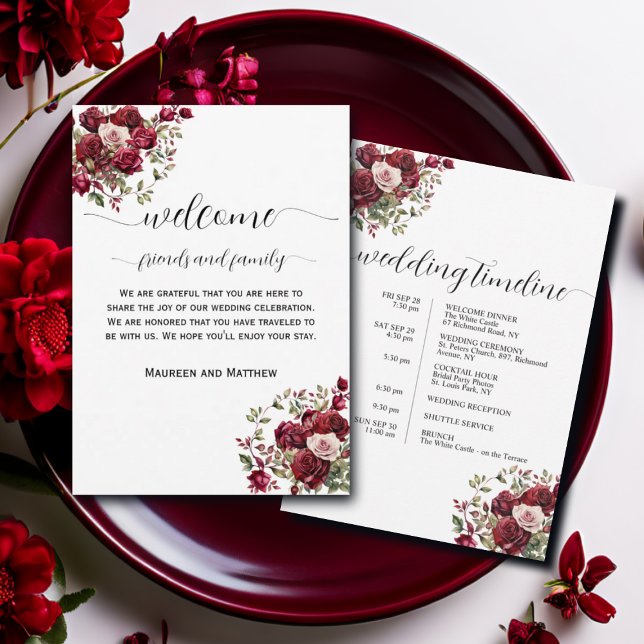 Burgundy Floral Wedding Bag Letter & Timeline Card (Creator Uploaded)
