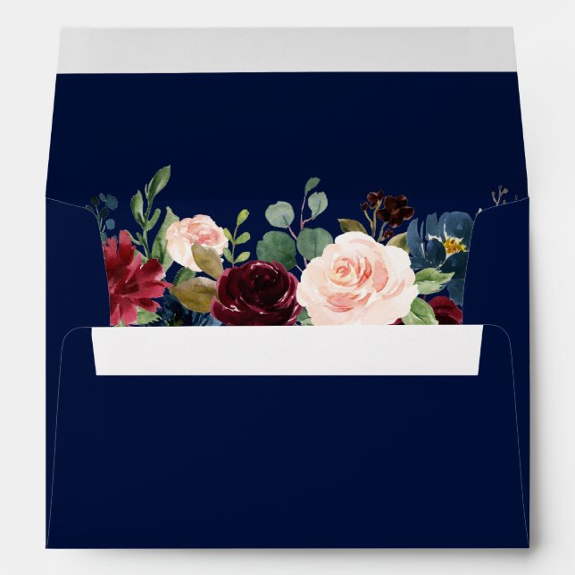 Burgundy Floral Wedding Blue Invitation Envelope (Back (Bottom))