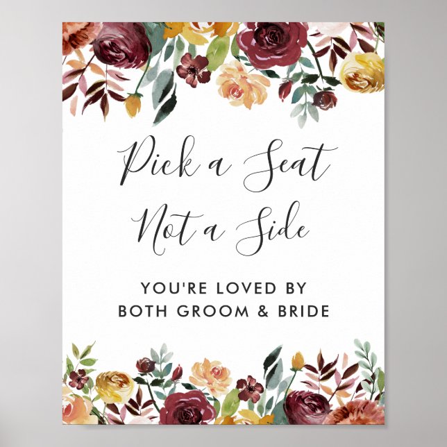 Burgundy Floral Wedding Ceremony Pick a Seat Sign (Front)