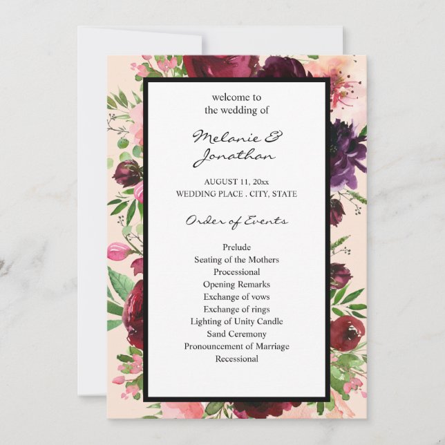 Burgundy Floral Wedding Ceremony Program - Pink Invitation (Front)