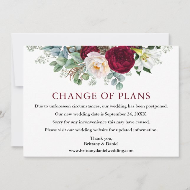 Burgundy Floral Wedding Change of Plans Card (Front)