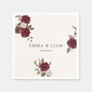 Burgundy Floral Wedding Cocktail Napkins