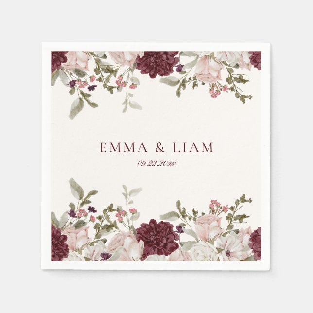 Burgundy Floral Wedding Cocktail Napkins (Front)