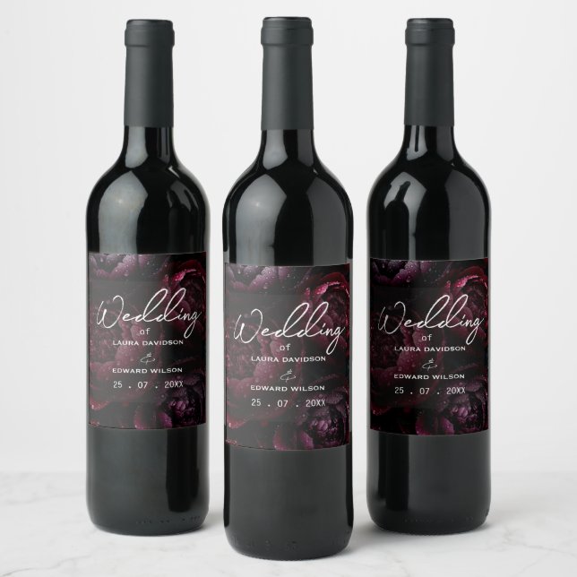 burgundy floral wedding design featuring rich wine label (Bottles)