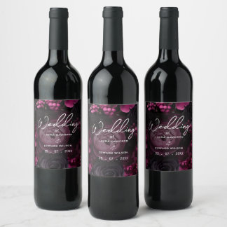 burgundy floral wedding design featuring rich wine label