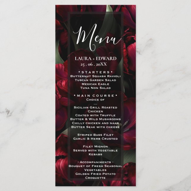 burgundy floral wedding design featuring rich wine menu (Front)