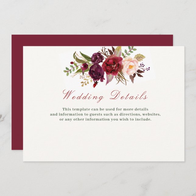 burgundy floral wedding details card (Front/Back)