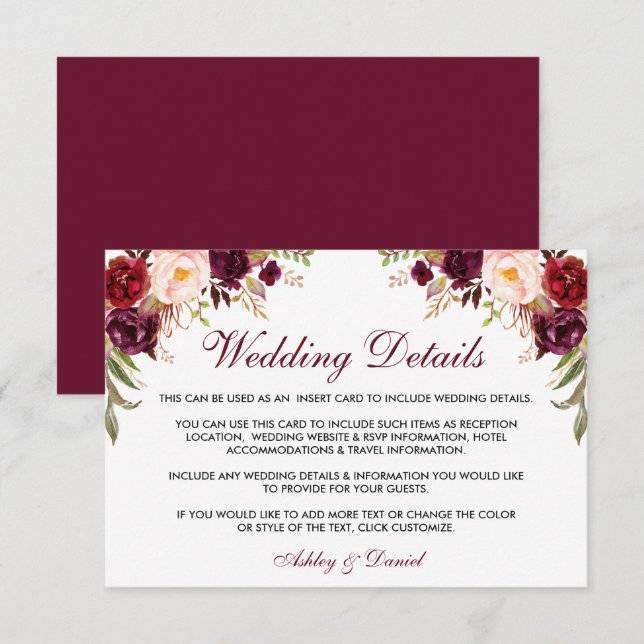 Burgundy Floral Wedding Details Insert Card (Front/Back)