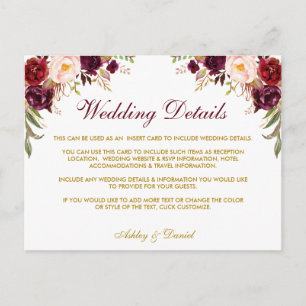 Burgundy Floral Wedding Details Insert Card
