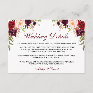 Burgundy Floral Wedding Details Insert Card W