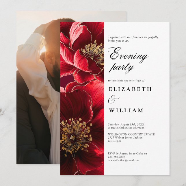 Burgundy Floral Wedding Evening Party Photo Invitation (Front/Back)