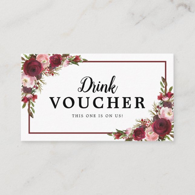 Burgundy Floral Wedding Free Drink Voucher Business Card (Front)