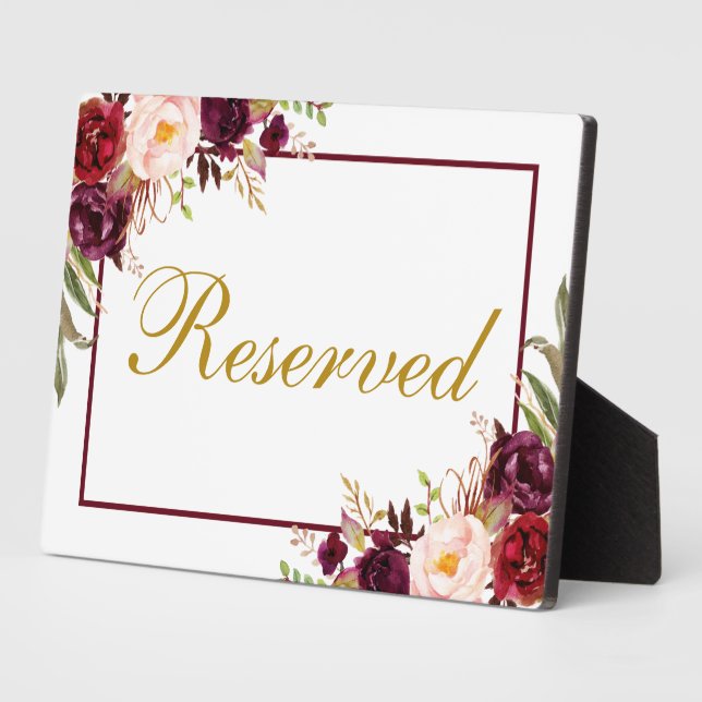 Burgundy Floral Wedding Gold Reserved 5x7 Table Plaque (Side)