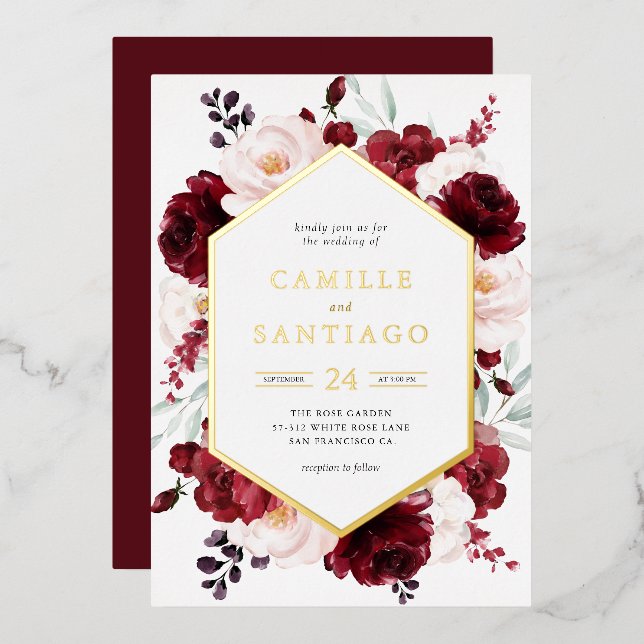 Burgundy Floral Wedding Invitation (Front/Back)