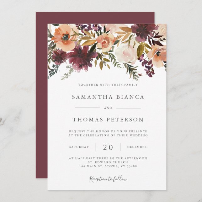 Burgundy Floral Wedding Invitation (Front/Back)