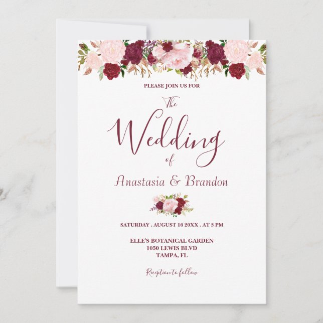 Burgundy Floral Wedding Invitation (Front)