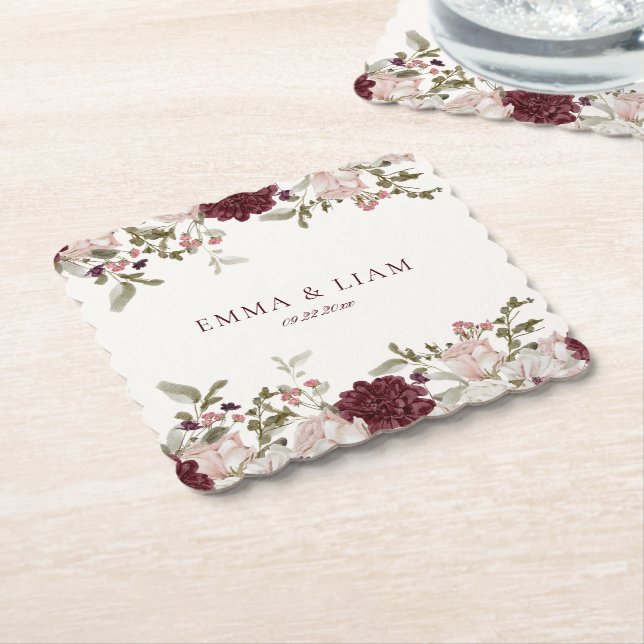 Burgundy Floral Wedding Paper Coasters (Angled)