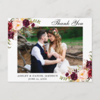Burgundy Floral Wedding Photo Thank You