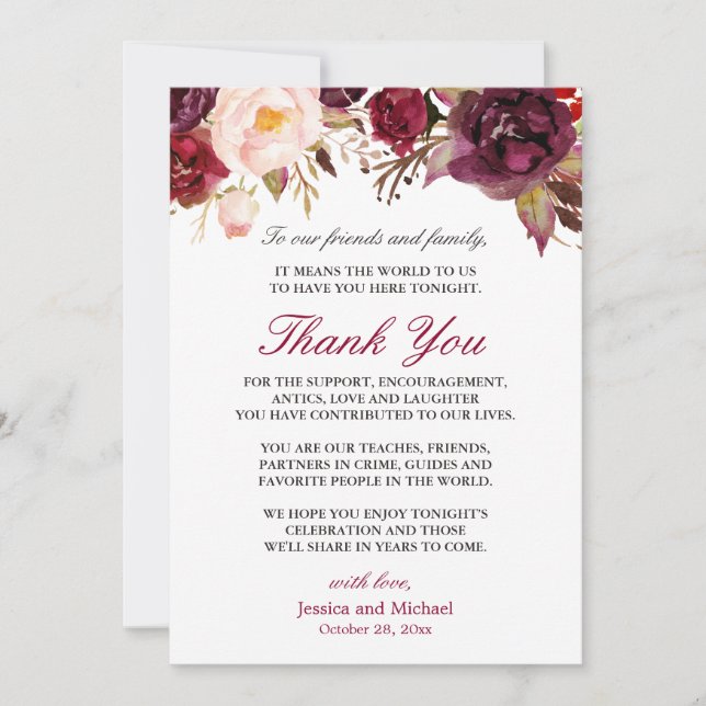 Burgundy Floral Wedding Place Setting Thank You Invitation (Front)