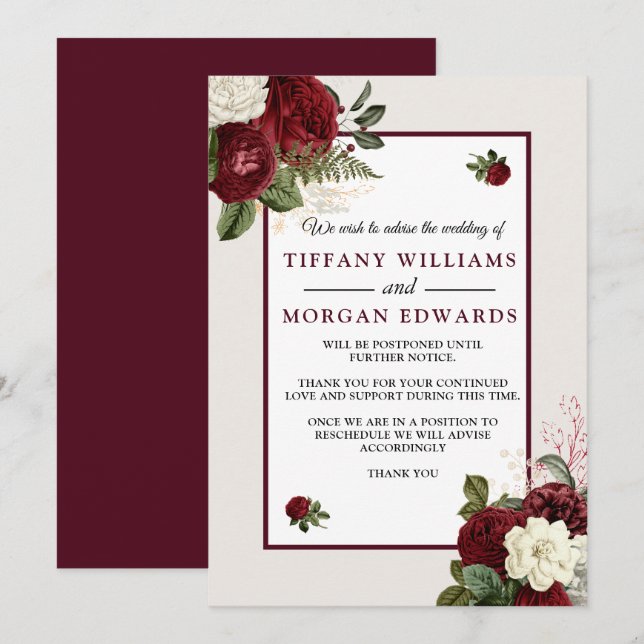 Burgundy Floral Wedding Postponed Announcement (Front/Back)
