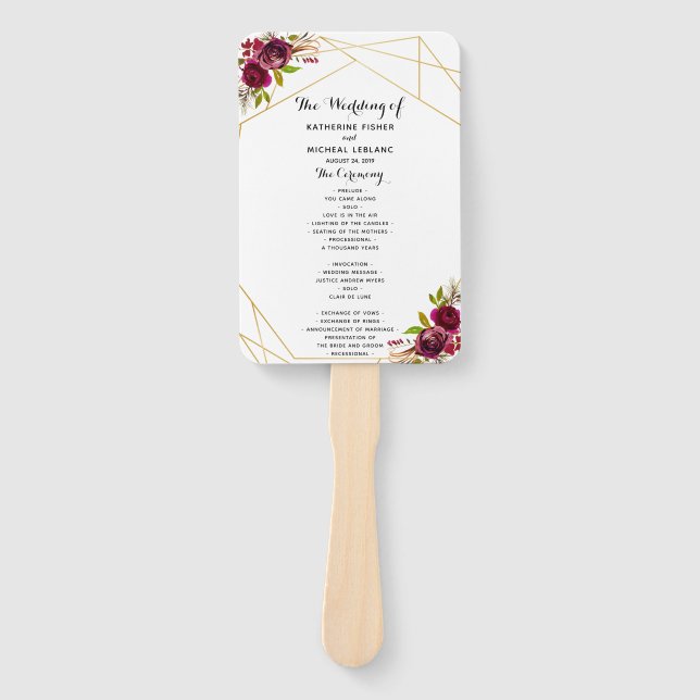 Burgundy Floral Wedding Program Fan (Front)