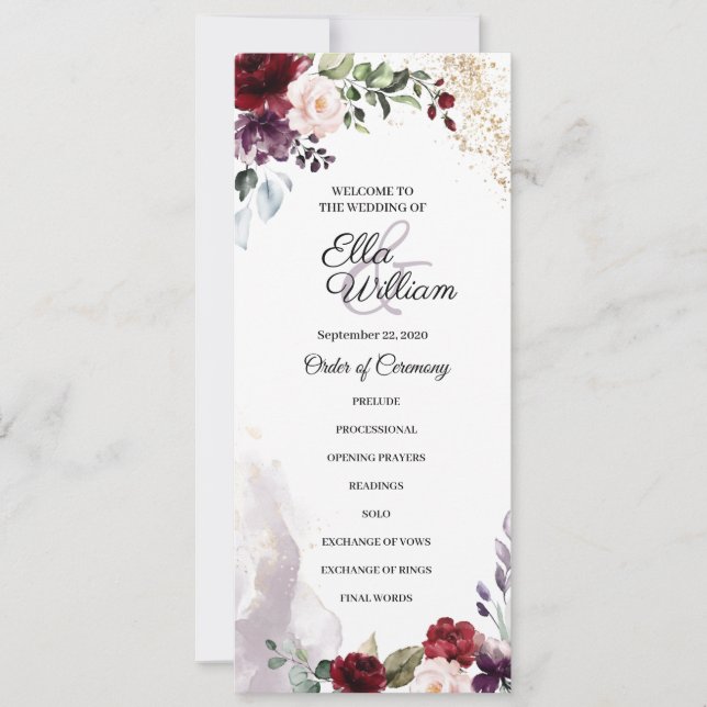 Burgundy Floral Wedding Program Invitation (Front)
