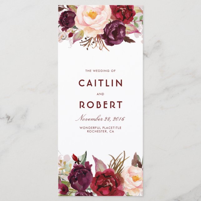 Burgundy Floral Wedding Programs Programme (Front)