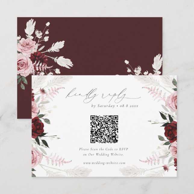 Burgundy Floral Wedding QR Code RSVP Enclosure Card (Front/Back)
