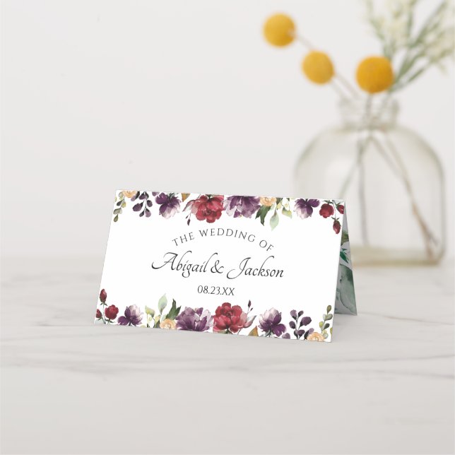 Burgundy Floral Wedding Reception Reserved Table Place Card (Back)
