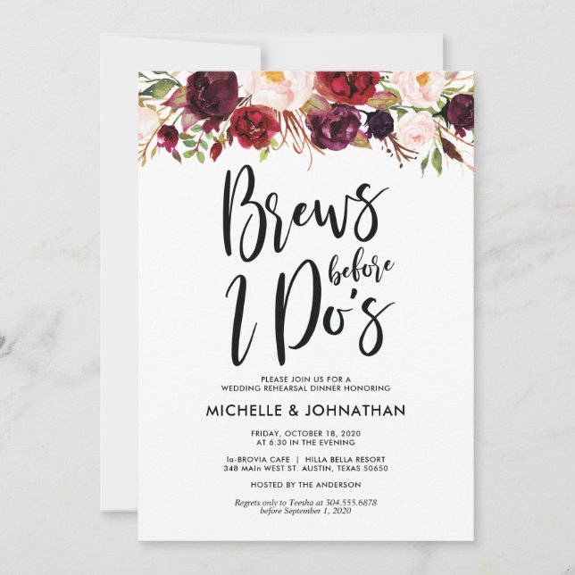 Burgundy Floral Wedding Rehearsal Dinner Invites (Front)