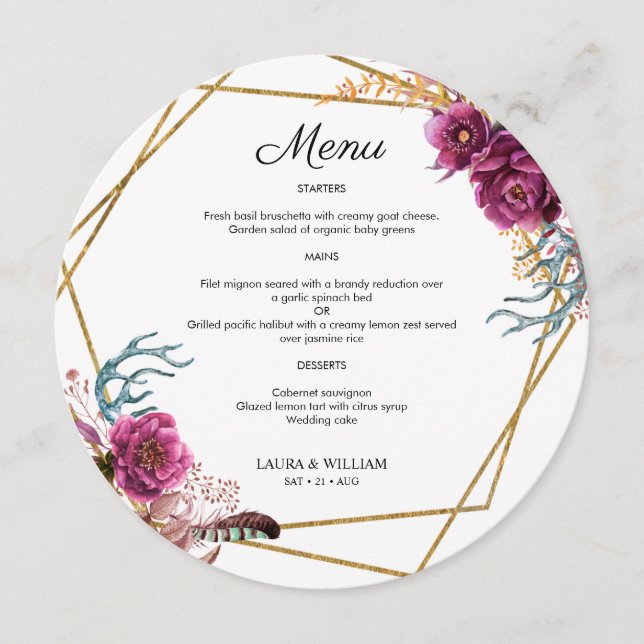 Burgundy Floral Wedding Round Menu For Plate (Front)