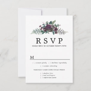 Burgundy Floral Wedding RSVP Card, Meal Options