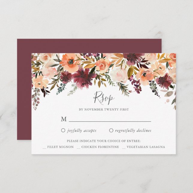 Burgundy Floral Wedding RSVP reply card (Front/Back)