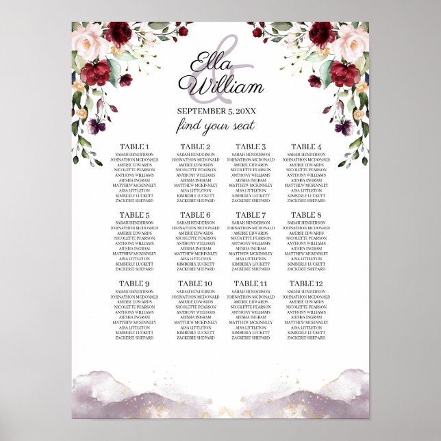 Burgundy Floral Wedding Seating Chart (Front)