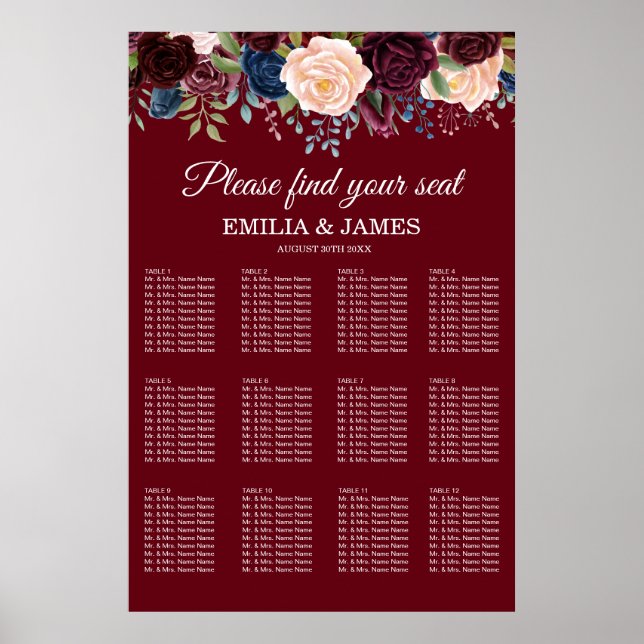 Burgundy Floral, Wedding Seating Chart (Front)