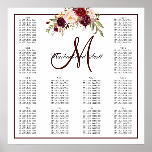 Burgundy Floral Wedding Seating Chart Monogram (Front)